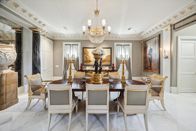 6024 Memorial Dr, Houston, TX 77007 - dining area featuring ornamental molding, marble finish floor, visible vents, and a notable chandelier