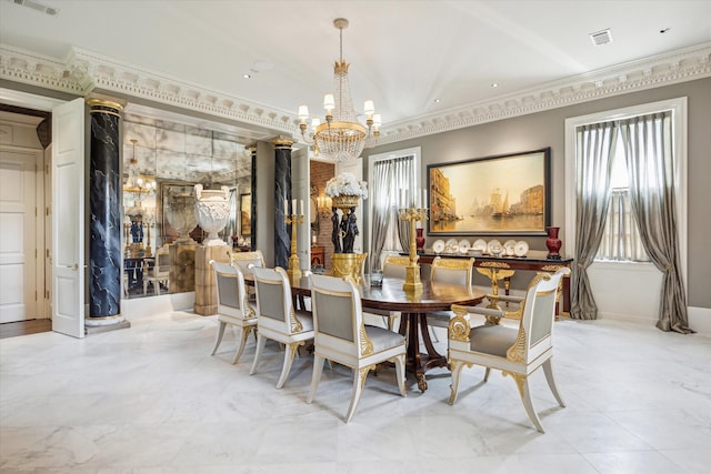 6024 Memorial Dr, Houston, TX 77007 - dining area featuring ornamental molding, visible vents, and a chandelier