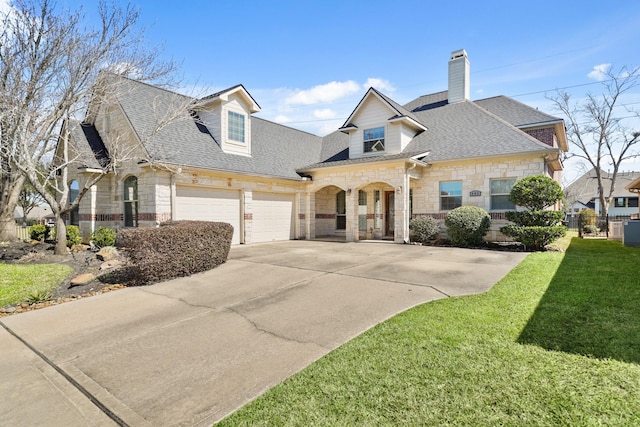 french provincial home with stone siding, a front lawn, roof with shingles, and concrete driveway