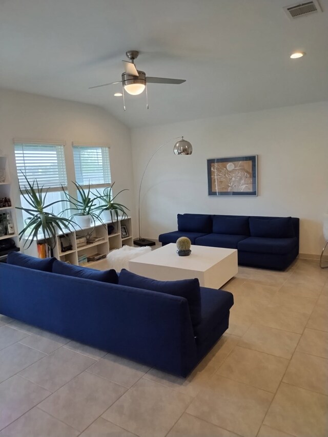 living room featuring recessed lighting, visible vents, ceiling fan, and light tile patterned floors
