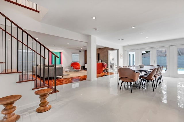 dining area with recessed lighting, stairway, baseboards, and french doors