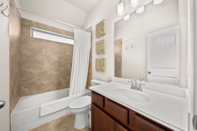 full bath with toilet, shower / bathtub combination with curtain, and vanity