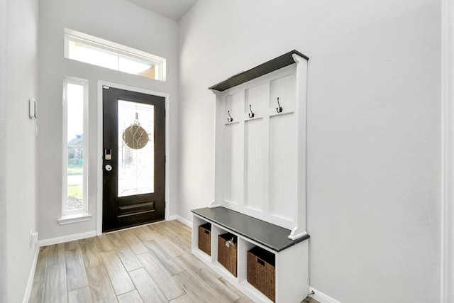 mudroom featuring a wealth of natural light, light wood-style flooring, and baseboards