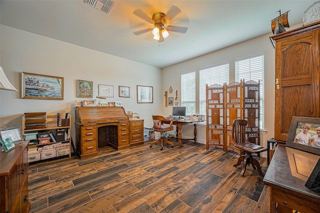 office area with visible vents, dark wood finished floors, and a ceiling fan