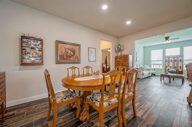 dining area with visible vents, baseboards, ceiling fan, dark wood-style flooring, and recessed lighting