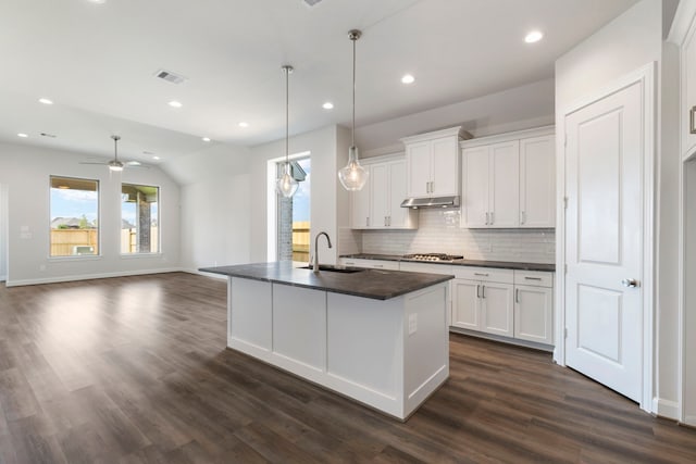 kitchen featuring dark countertops, visible vents, under cabinet range hood, decorative backsplash, and a sink