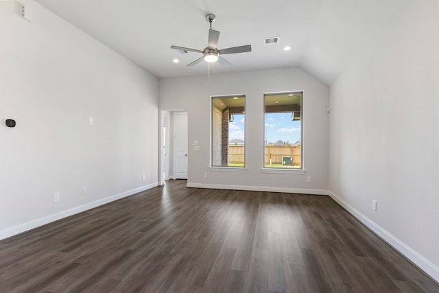 spare room featuring visible vents, a ceiling fan, dark wood-style floors, recessed lighting, and baseboards