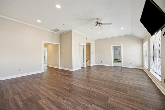 unfurnished living room featuring a ceiling fan, baseboards, dark wood finished floors, and crown molding