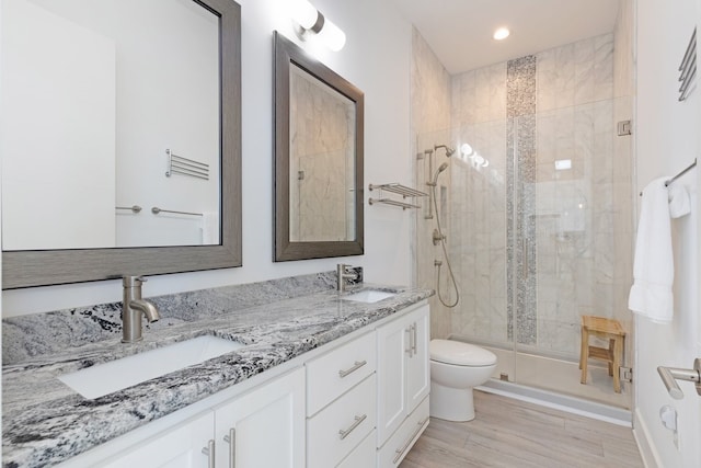 full bathroom with double vanity, a sink, toilet, and a shower stall