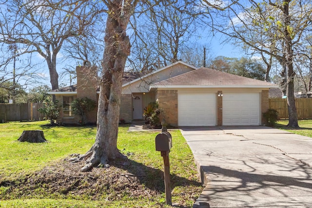 ranch-style house with brick siding, fence, a garage, driveway, and a front lawn