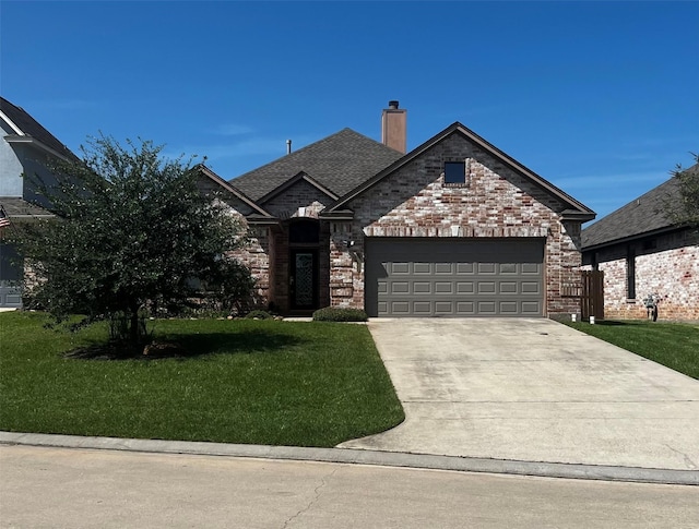 french country style house featuring driveway, brick siding, and a front lawn