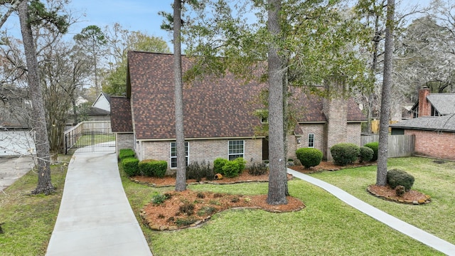 view of front of home featuring brick siding, a shingled roof, fence, a gate, and a front lawn