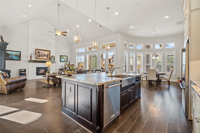 kitchen with open floor plan, stainless steel appliances, a fireplace, and a sink