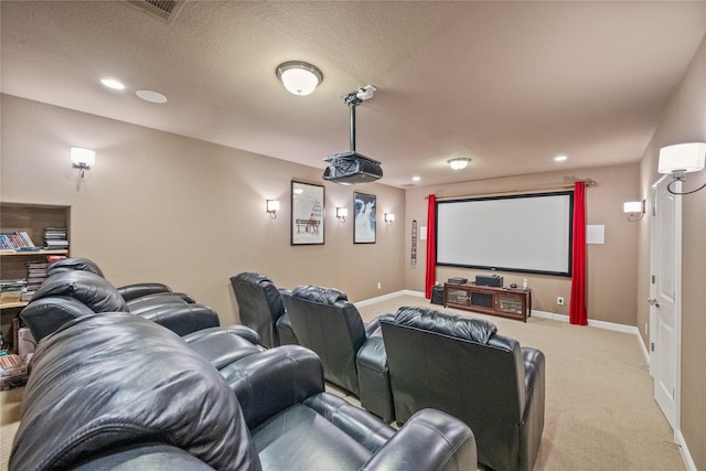 carpeted home theater featuring a textured ceiling, recessed lighting, visible vents, and baseboards