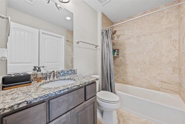 bathroom with shower / bath combination with curtain, visible vents, vanity, and toilet