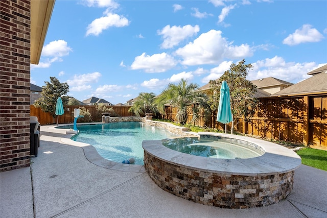 view of swimming pool featuring a fenced in pool, a fenced backyard, a patio, and an in ground hot tub