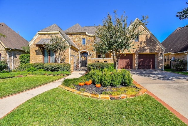 view of front of home with brick siding, fence, stone siding, concrete driveway, and a gate