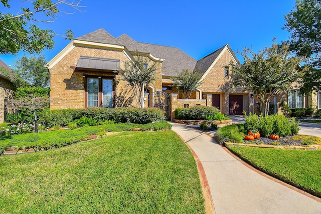 view of front of house featuring roof with shingles, a front yard, and brick siding