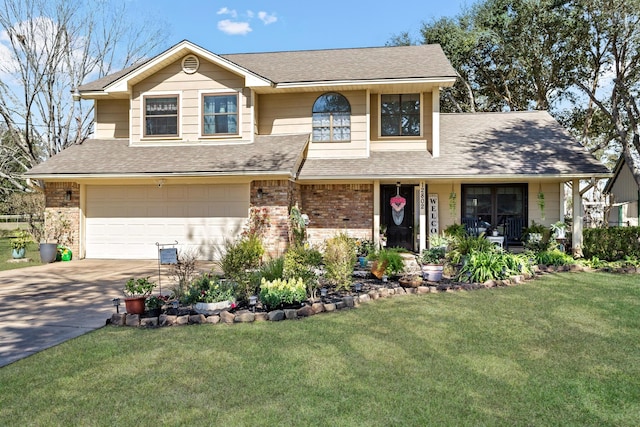 view of front facade with brick siding, roof with shingles, concrete driveway, a garage, and a front lawn