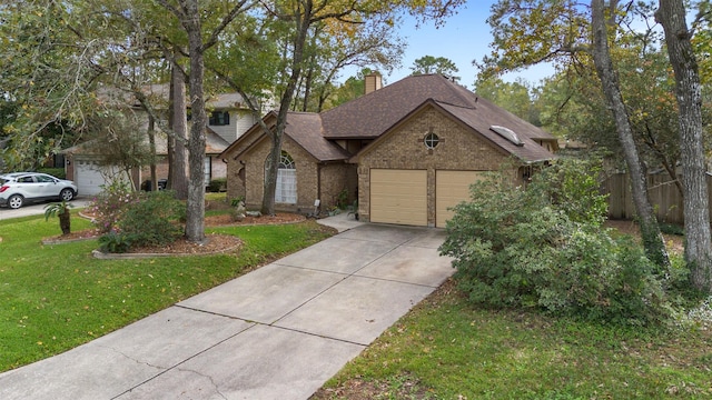 view of front of property with brick siding, a chimney, an attached garage, a front yard, and driveway