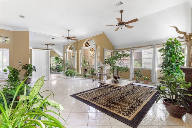 interior space featuring ornamental molding, visible vents, and a healthy amount of sunlight