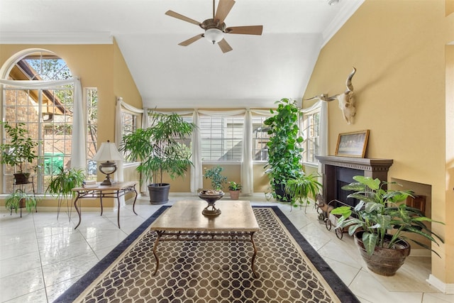 interior space featuring lofted ceiling, a healthy amount of sunlight, and ceiling fan