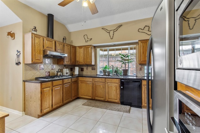 kitchen with under cabinet range hood, a sink, vaulted ceiling, appliances with stainless steel finishes, and dark countertops