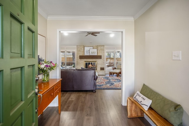 interior space with ornamental molding and dark wood-type flooring