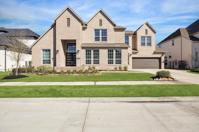 view of front of property featuring a garage, concrete driveway, brick siding, and a front yard