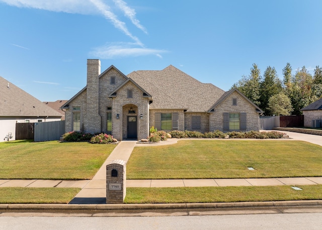 french country home with a shingled roof, fence, a chimney, and a front lawn