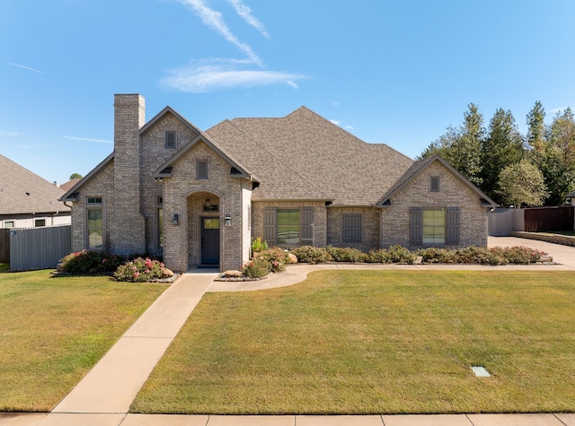 french country style house featuring brick siding, fence, and a front lawn