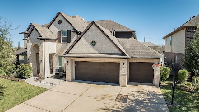 french country inspired facade with a garage, concrete driveway, brick siding, and roof with shingles