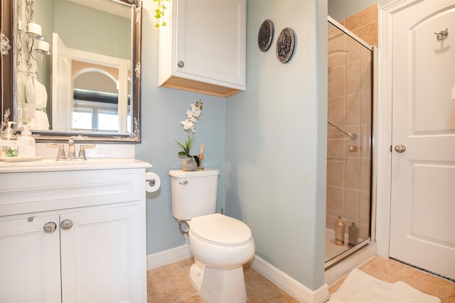 bathroom featuring tile patterned flooring, toilet, vanity, baseboards, and a stall shower