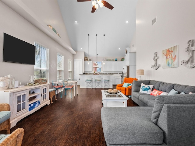 1922 Blue Water Hwy, Surfside Beach, TX 77541 - living room with high vaulted ceiling, dark wood-type flooring, a ceiling fan, and recessed lighting