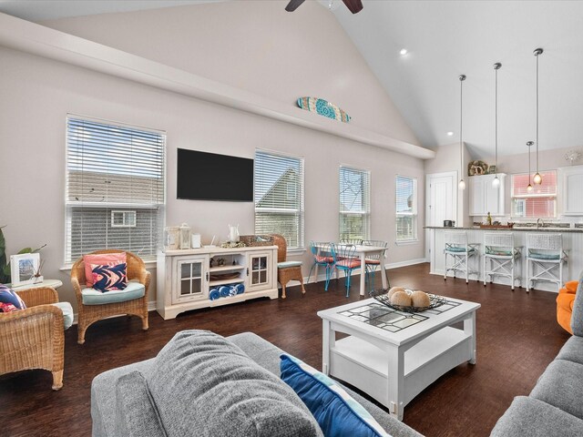 1922 Blue Water Hwy, Surfside Beach, TX 77541 - living room with high vaulted ceiling, a ceiling fan, wood finished floors, recessed lighting, and baseboards