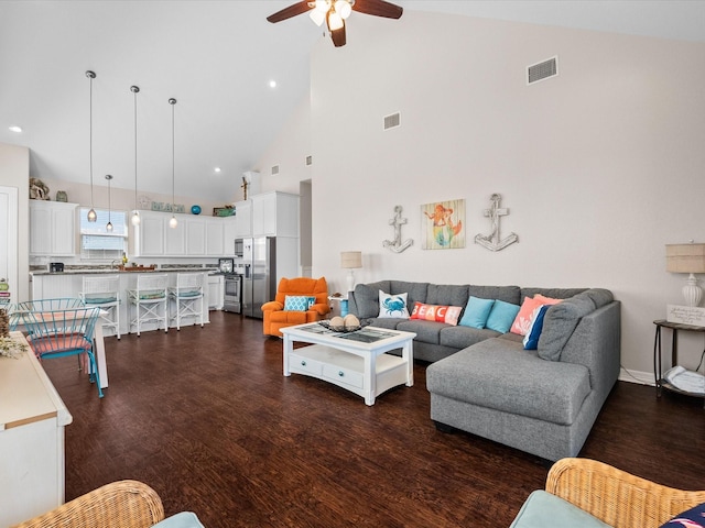 1922 Blue Water Hwy, Surfside Beach, TX 77541 - living room featuring high vaulted ceiling, a ceiling fan, dark wood finished floors, and recessed lighting