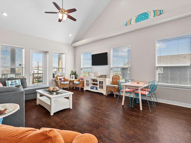 1922 Blue Water Hwy, Surfside Beach, TX 77541 - living room featuring wood finished floors, a ceiling fan, recessed lighting, high vaulted ceiling, and baseboards