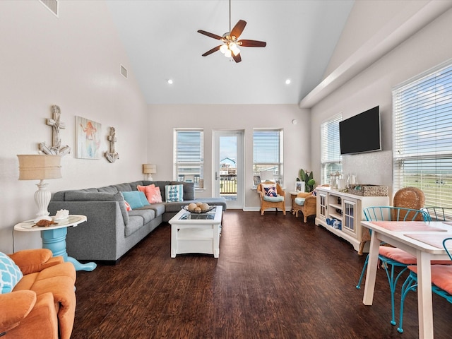 1922 Blue Water Hwy, Surfside Beach, TX 77541 - living area with high vaulted ceiling, ceiling fan, wood finished floors, and recessed lighting