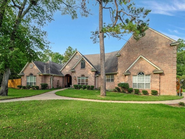 traditional-style home with a front yard, brick siding, and fence