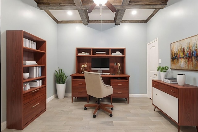 home office featuring baseboards, coffered ceiling, ceiling fan, light wood-style flooring, and beam ceiling