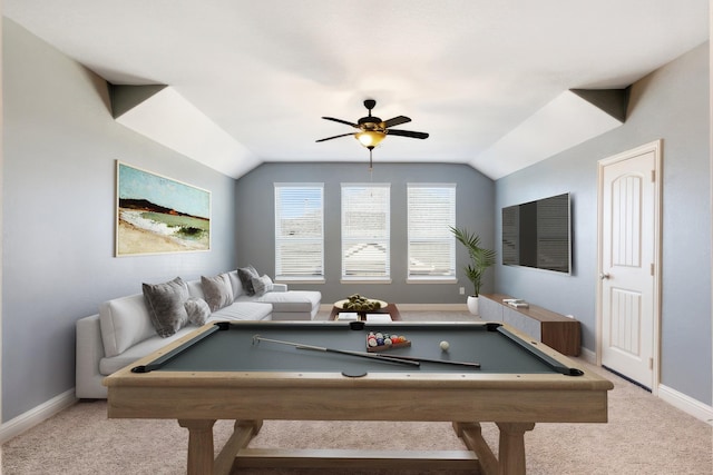 game room with carpet, vaulted ceiling, and baseboards