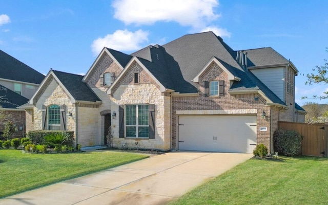 french country inspired facade with an attached garage, concrete driveway, stone siding, and a front yard