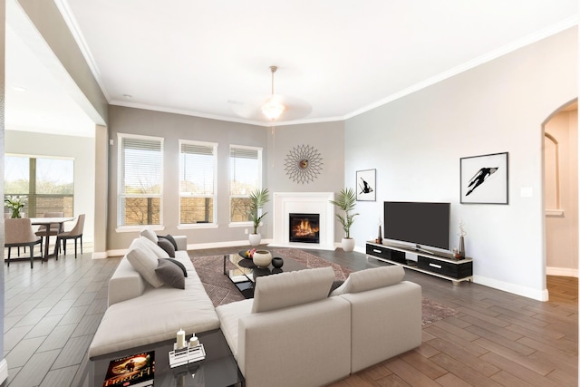 living area with arched walkways, crown molding, wood finished floors, a lit fireplace, and baseboards