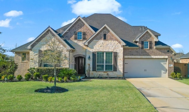 french country home with stone siding, concrete driveway, brick siding, and a front lawn