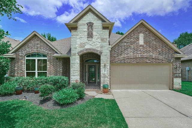 french country style house featuring a garage, a shingled roof, concrete driveway, stone siding, and brick siding