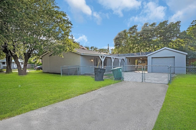 view of front of home with a garage, fence, driveway, a gate, and a front lawn