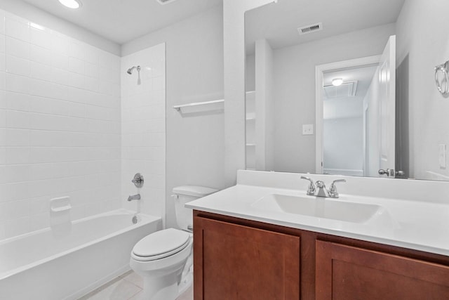 bathroom featuring visible vents, toilet, tile patterned flooring, vanity, and shower / bathing tub combination