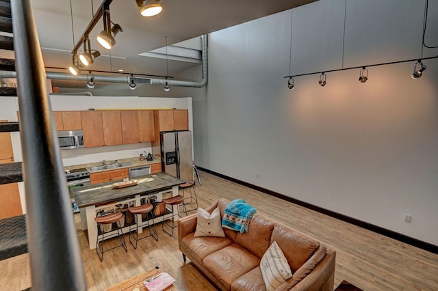 kitchen featuring brown cabinets, stainless steel appliances, light wood-style flooring, a sink, and baseboards