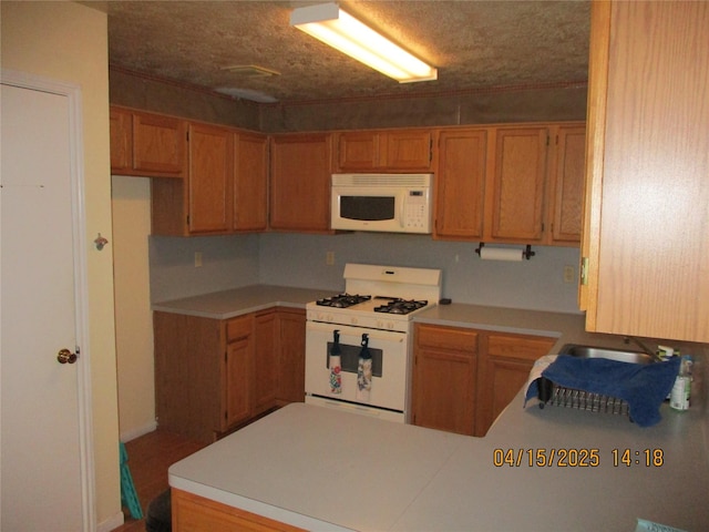 9427 Walnut Glen Dr, Houston, TX 77064 - kitchen with light countertops, white appliances, and a peninsula