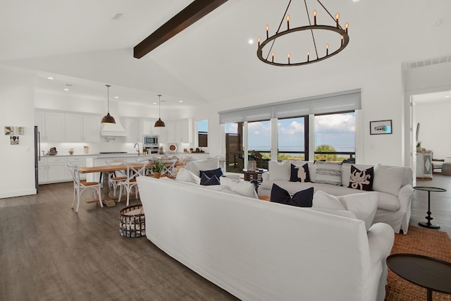 living area with visible vents, a chandelier, dark wood-type flooring, high vaulted ceiling, and beam ceiling